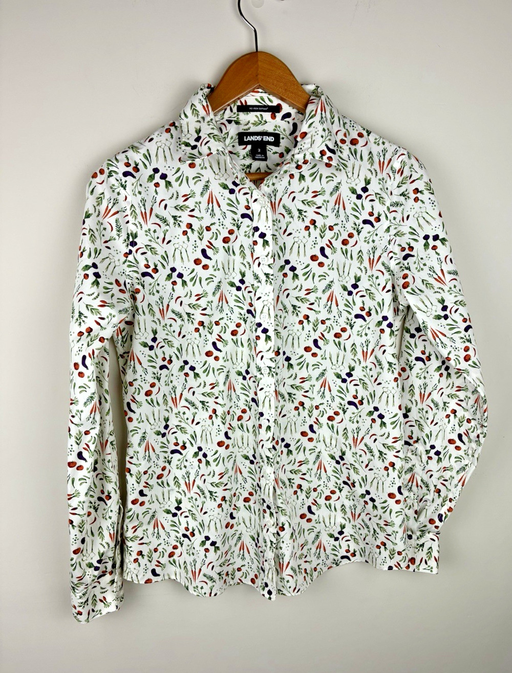 Lands End Womens 2 XS Supima Cotton Vegetable Print Shirt Cottagecore Whimsical